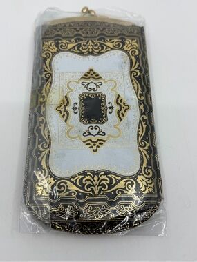 NOS Ornate Black & Gold Decorative eyeglass Pouch leather Italy